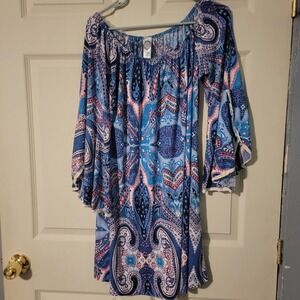 2B Together Womens XL Blue Paisley Bell Sleeve Lace Trim Off Shoulder Mini Dress